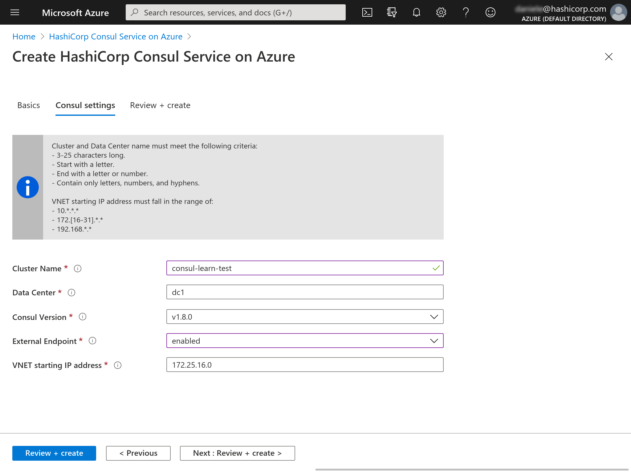 Azure Marketplace create HCS datacenter Consul tab