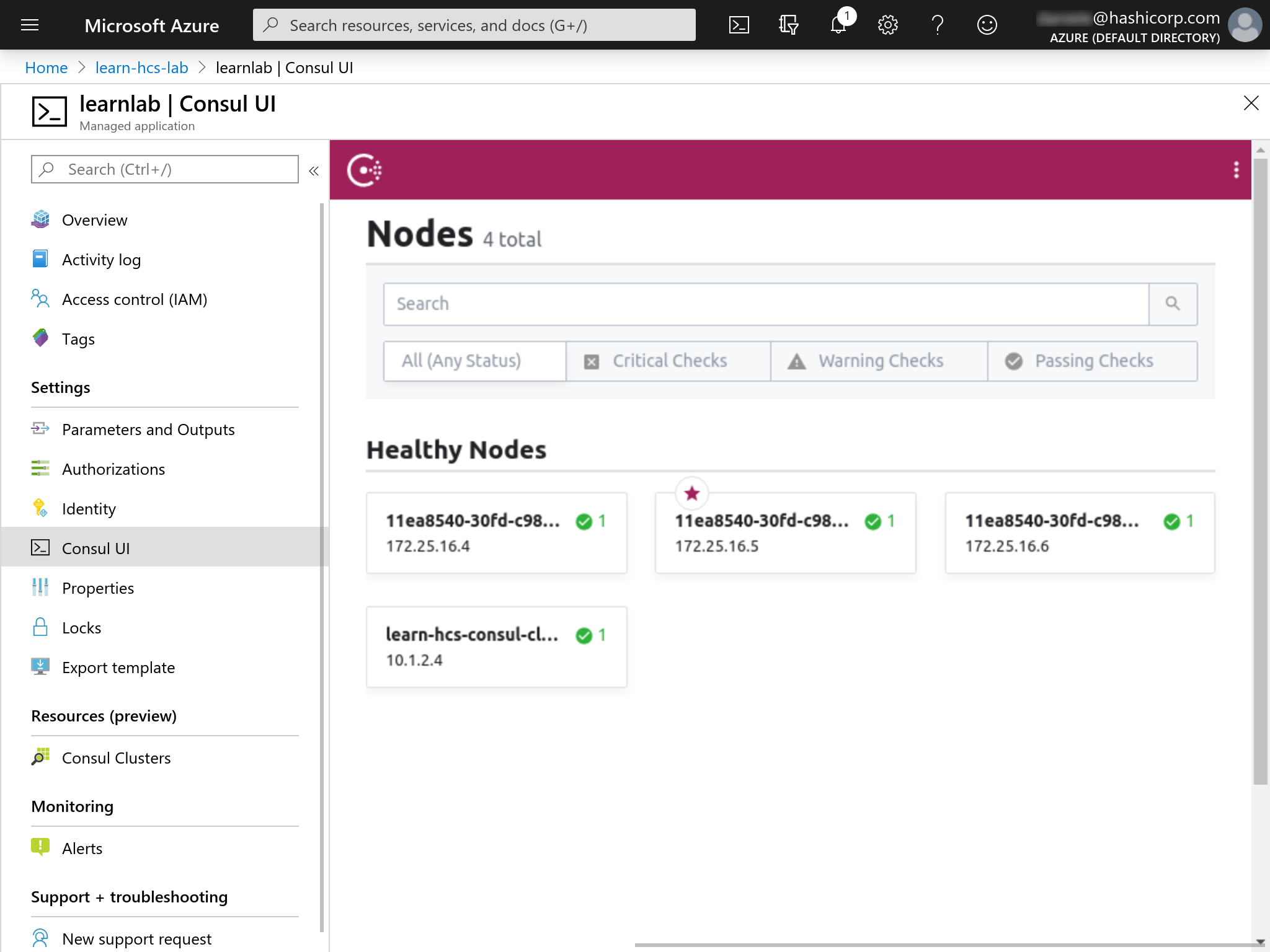 Consul UI from the Azure dashboard showing the new VM node