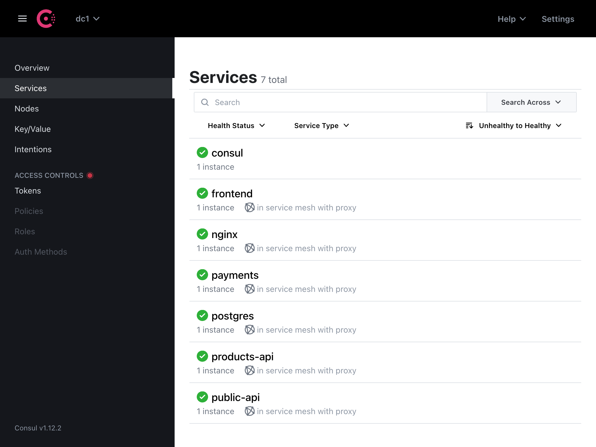 consul ui showing hashicups services registered as healthy