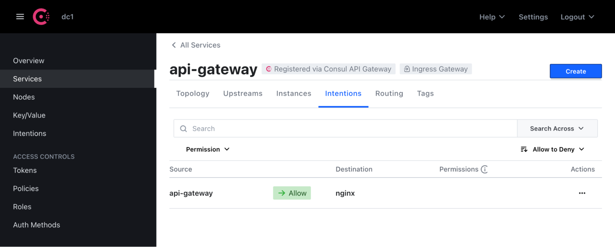 Consul UI API Gateway Intentions Page