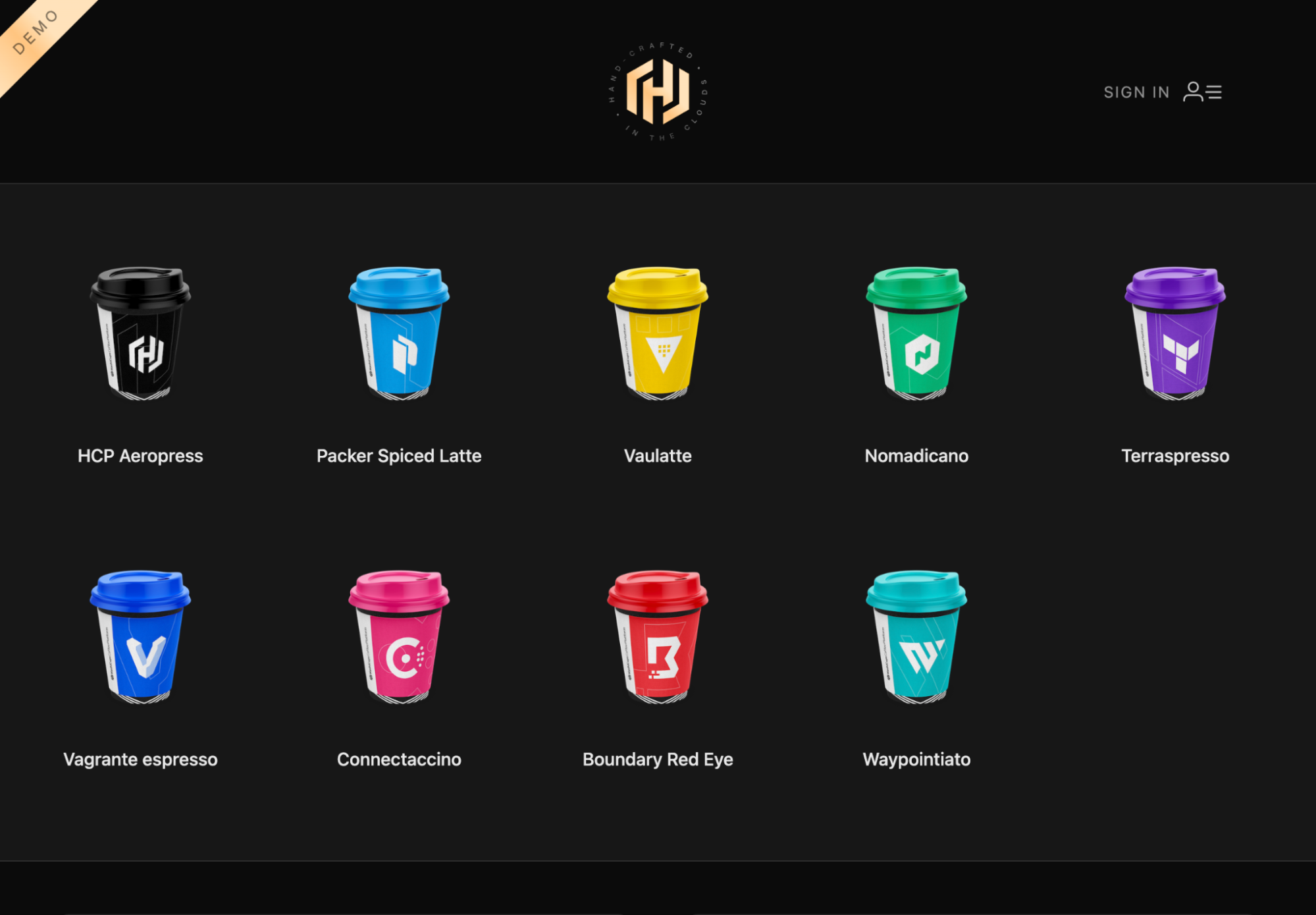 HashiCups UI front end page HashiCups UI