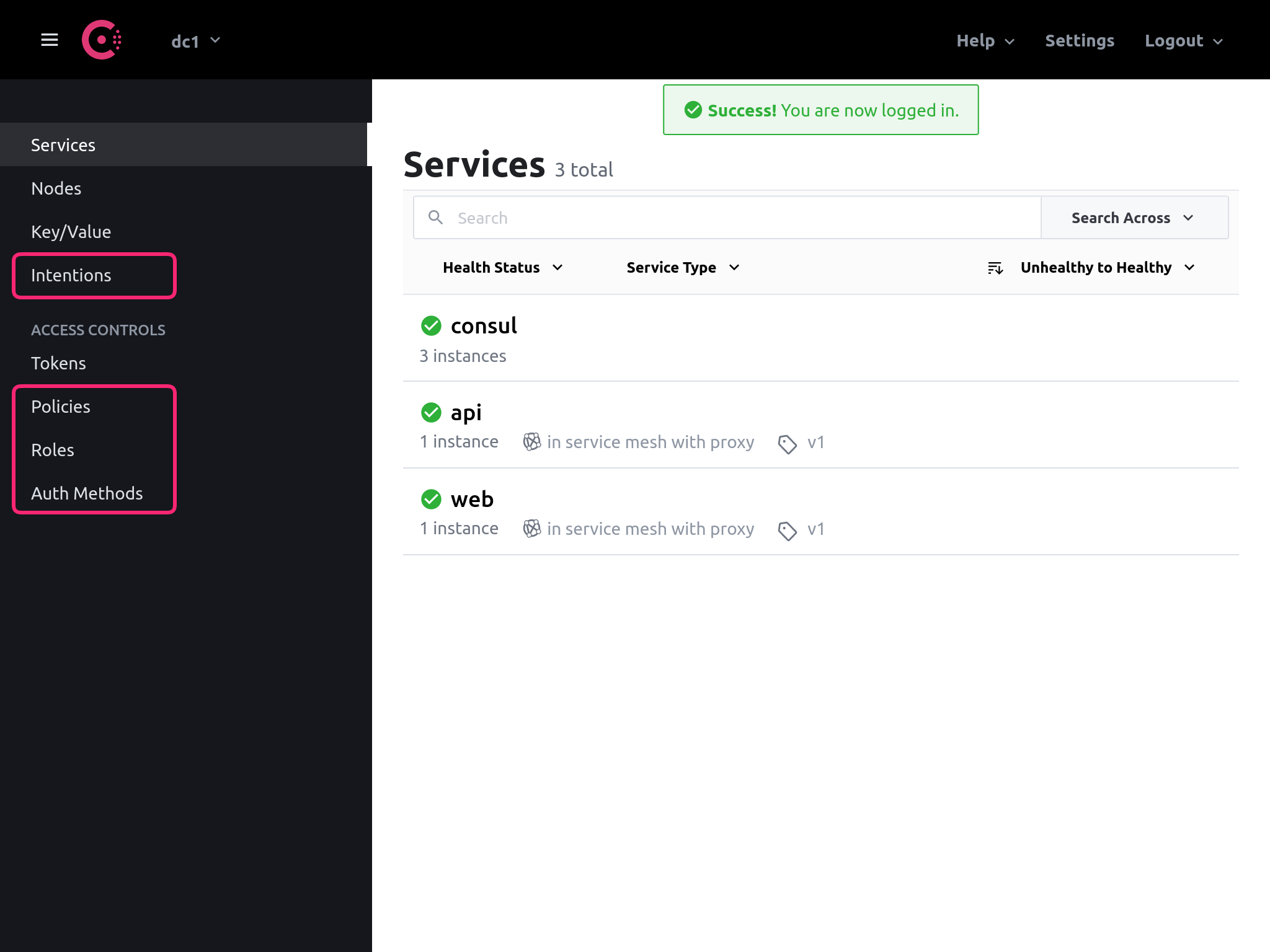 Consul UI dark mode with two services web and api logged user to show extra tabs