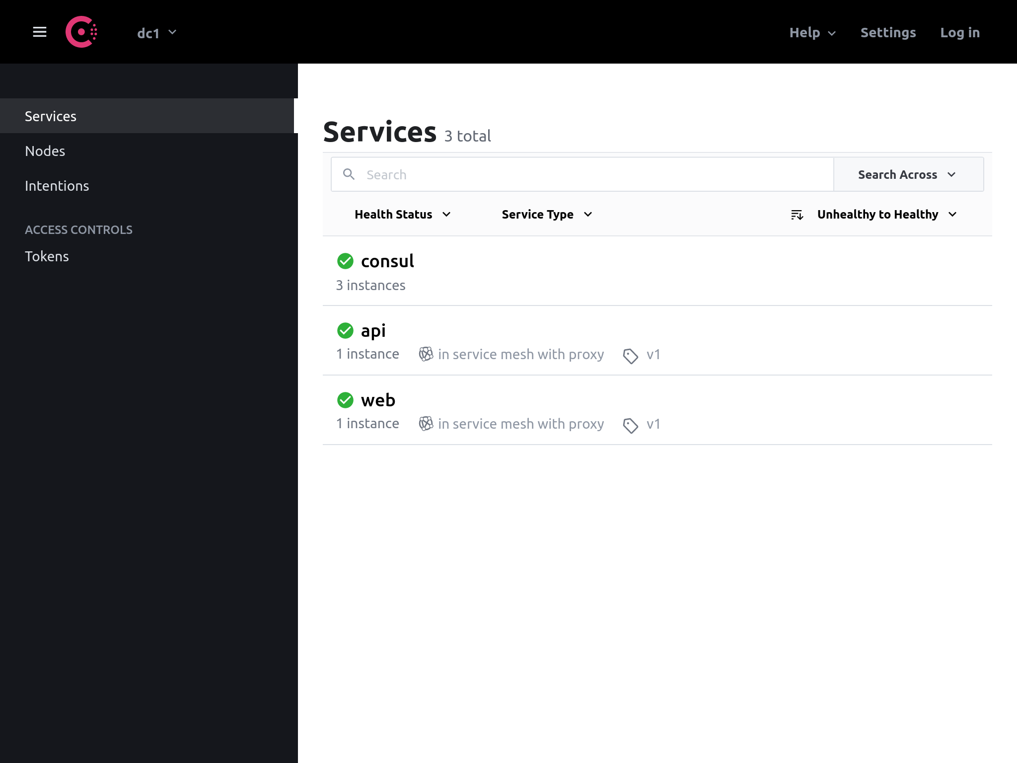 Consul UI dark mode with two services web and api and anonymous user