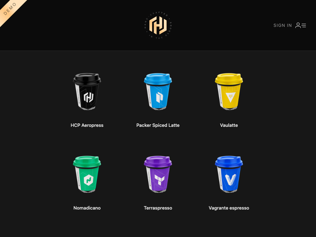 Picture of the HashiCups application website, with 9 Hashicorp-themed beverages for purchase