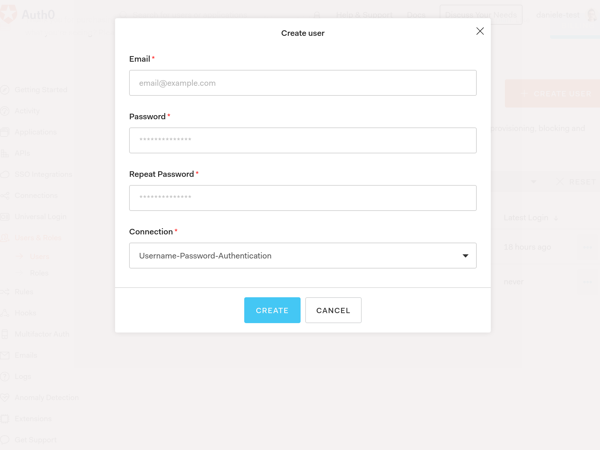 Auth0 UI create user form