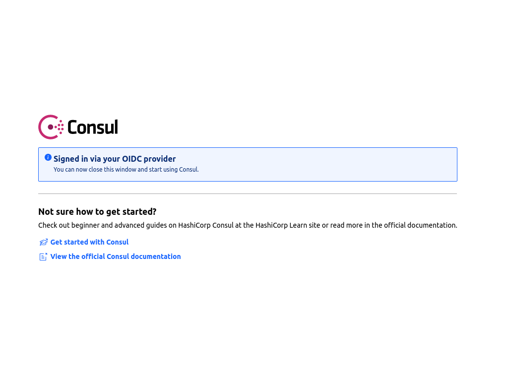 Consul UI post login page showing Signed in via OIDC