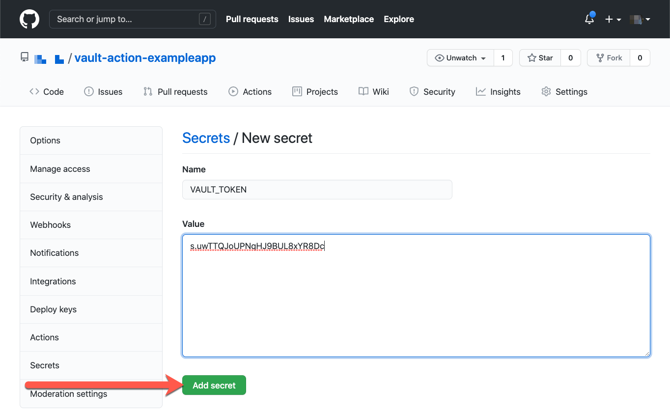 GitHub repo settings create secret for VAULT_TOKEN