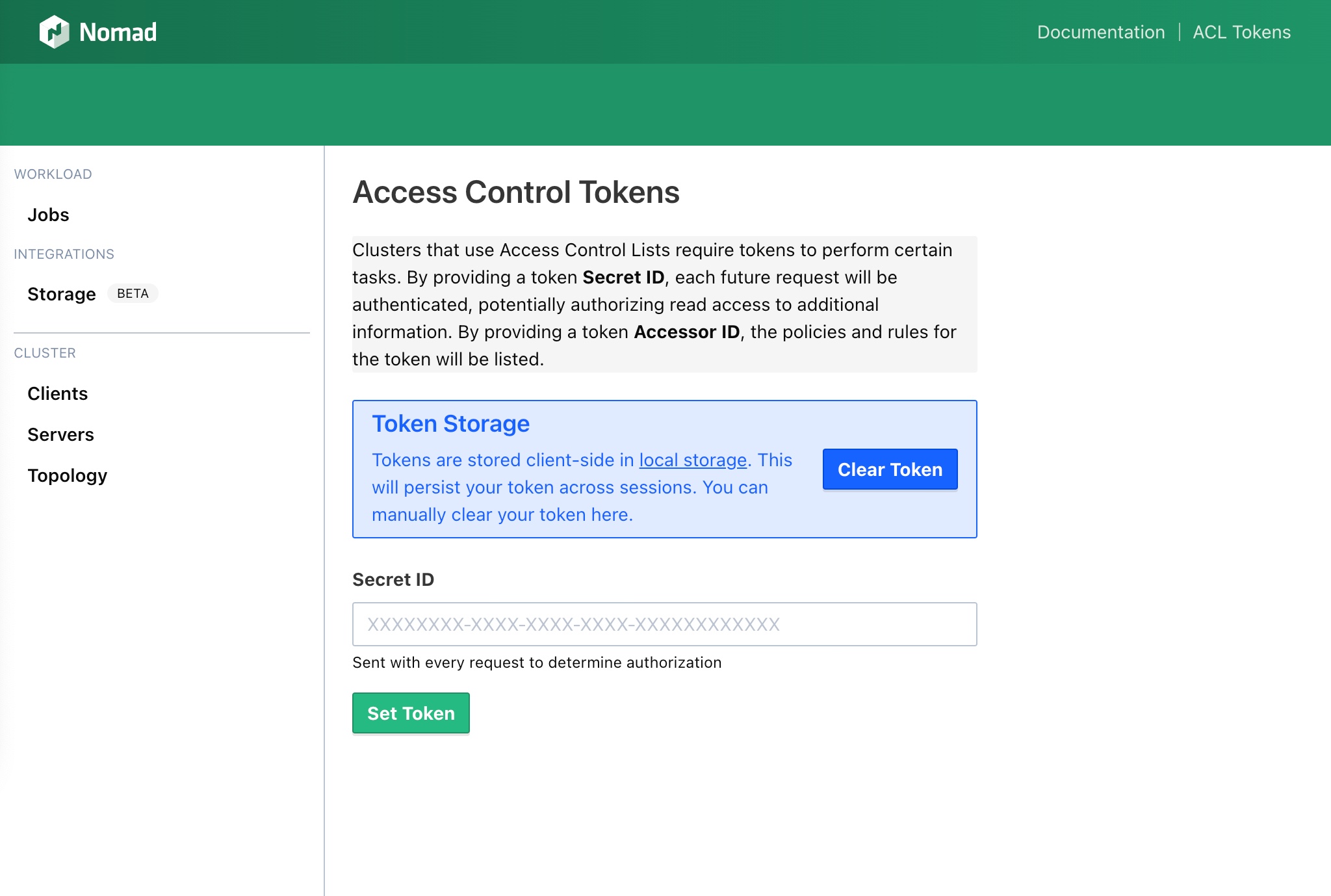 Nomad UI Access Control Tokens page