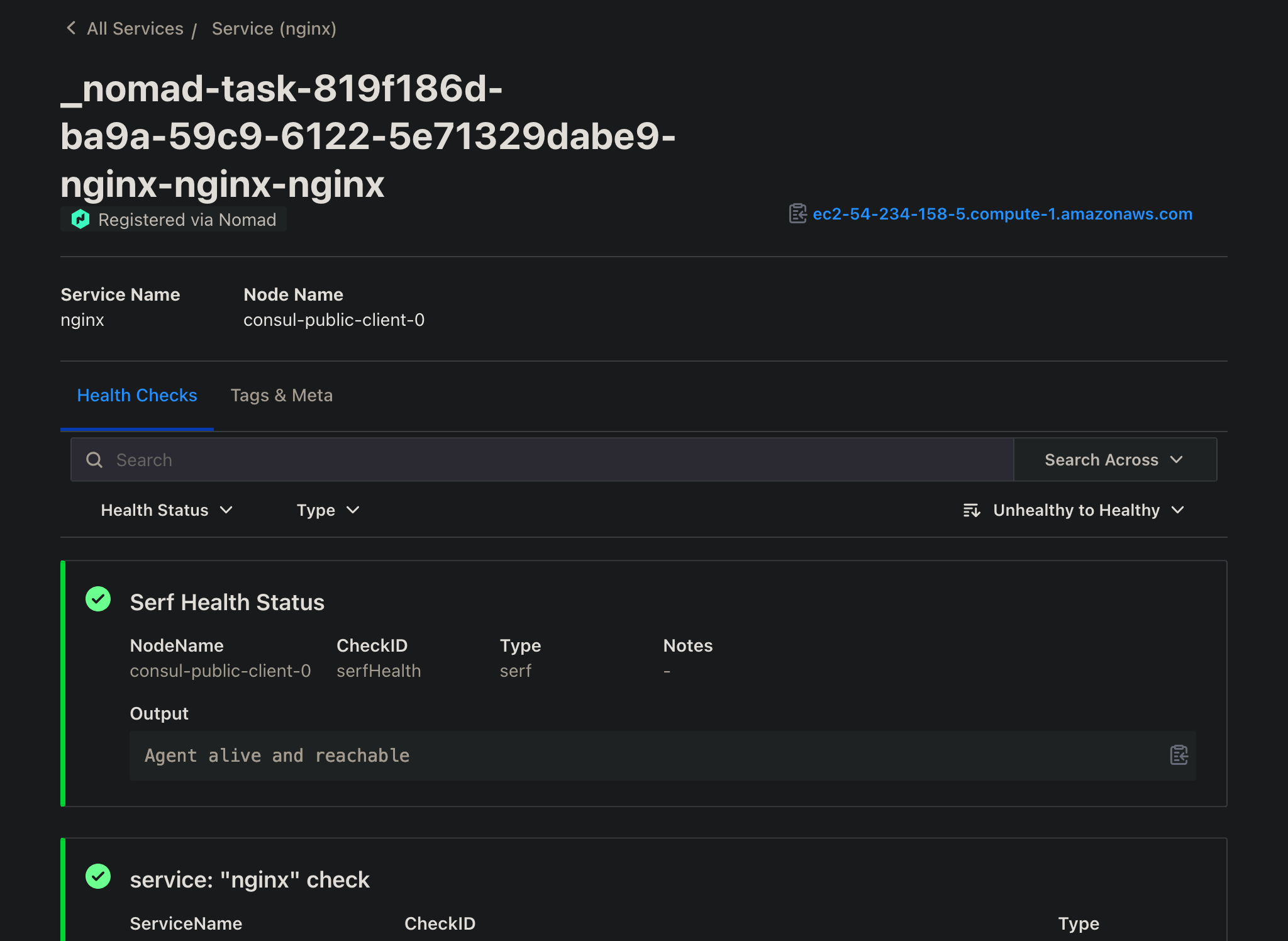 Consul UI showing the details on the nginx service page.