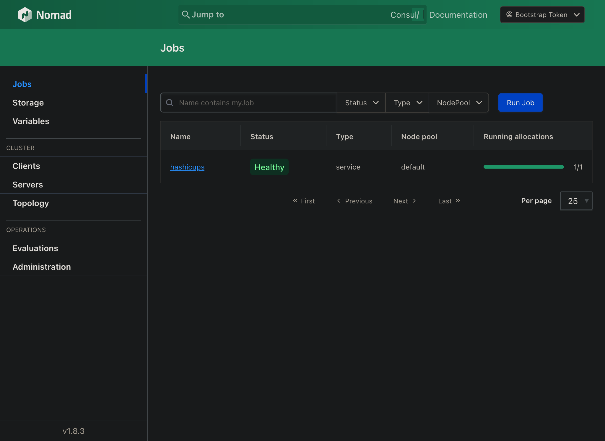 Nomad UI showing the jobs page. The page shows the HashiCups job running.