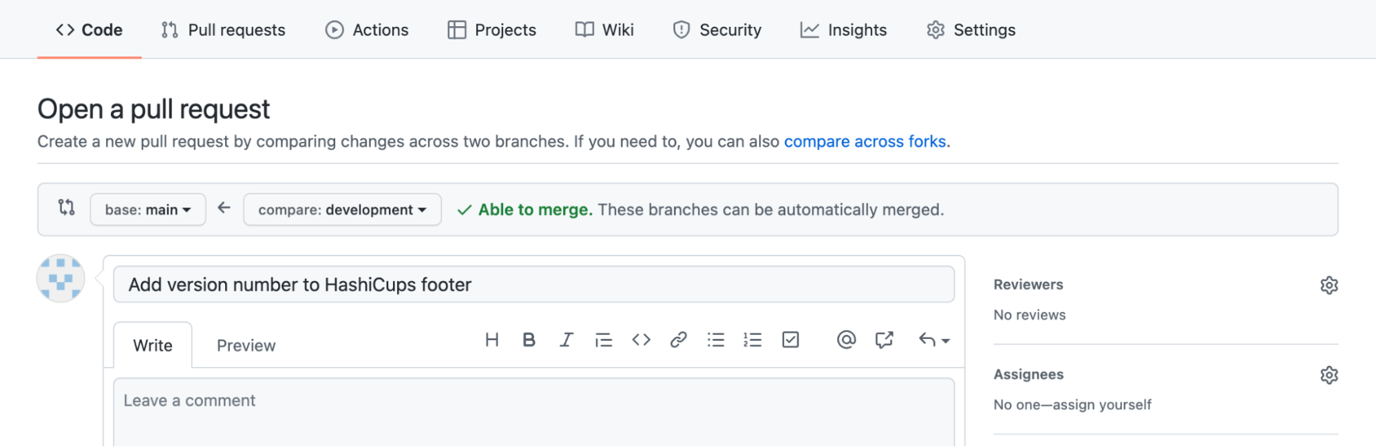 Create pull request from development to main branch on forked branch