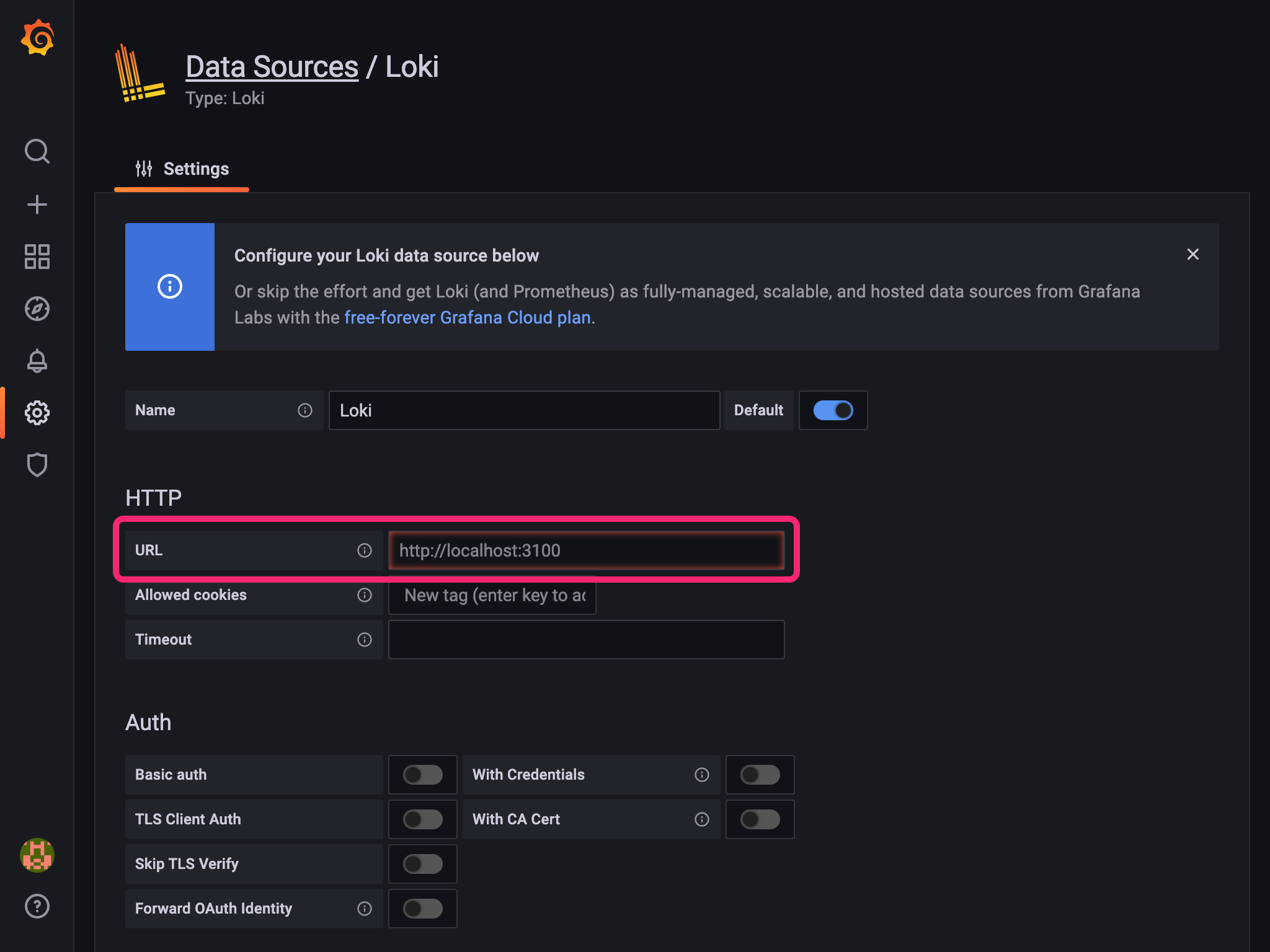 Entering the Loki data source URL