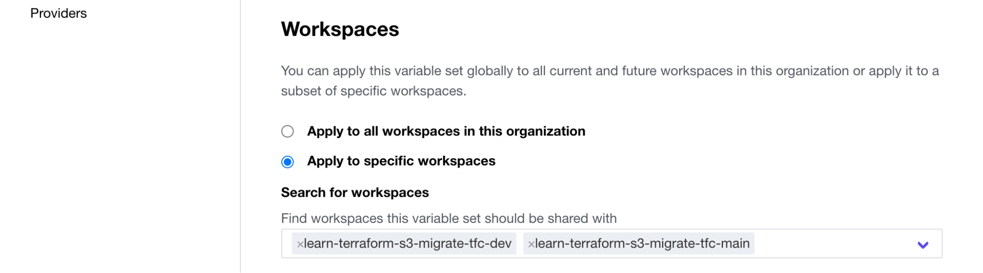Configure the variable sets to specific workspaces