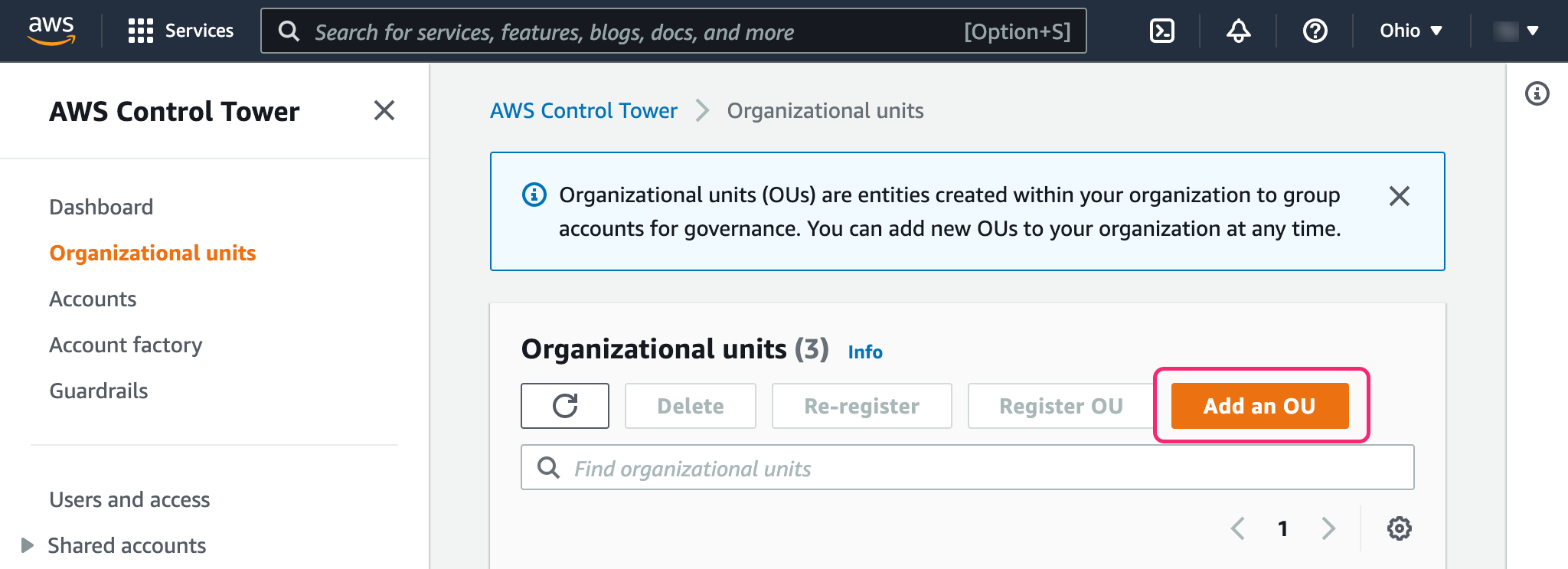 Create a new organization unit in AWS Control Tower dashboard