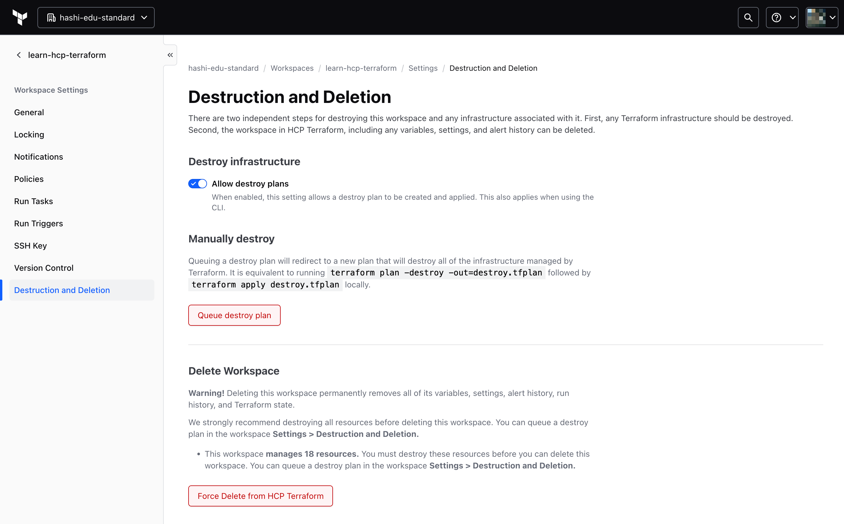 The "Destruction and Deletion" page in the workspace settings
