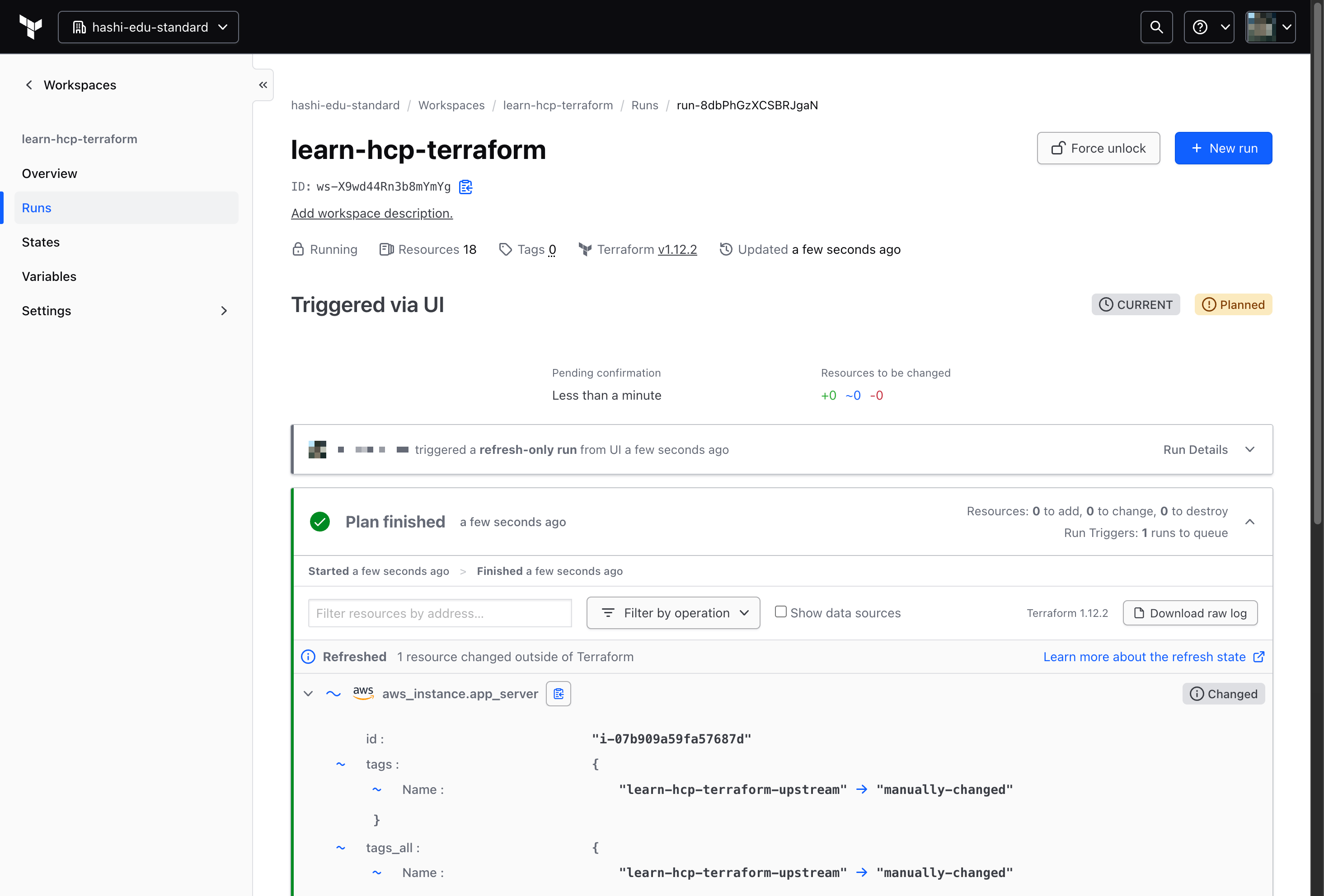 The output for a refresh-only plan operation