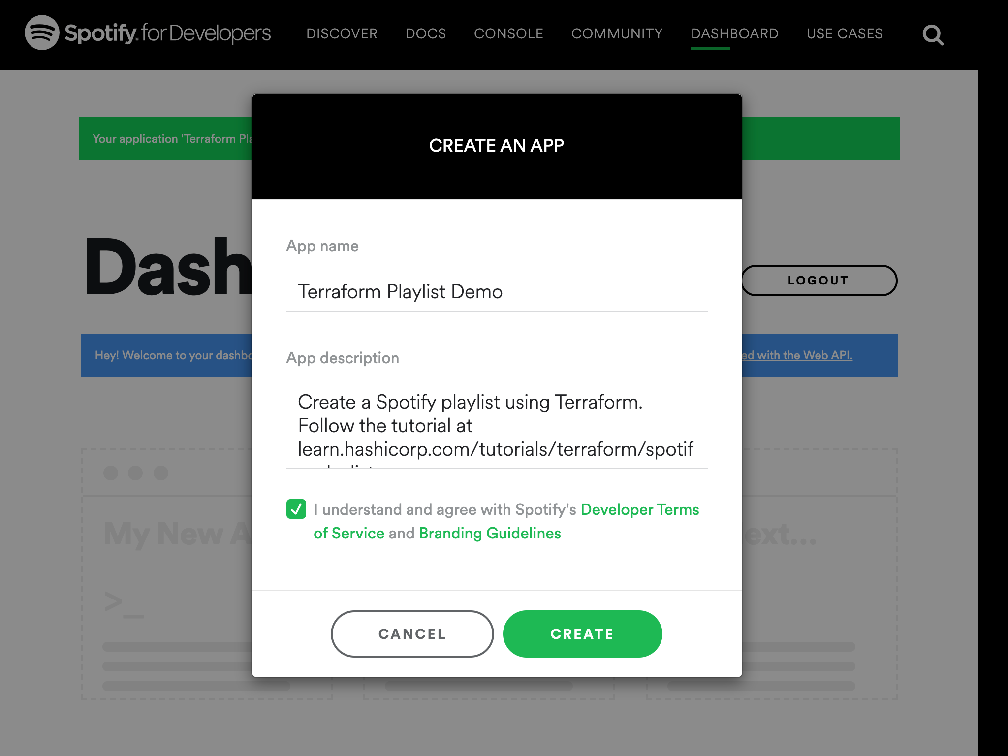 Create an app in the Spotify developer dashboard