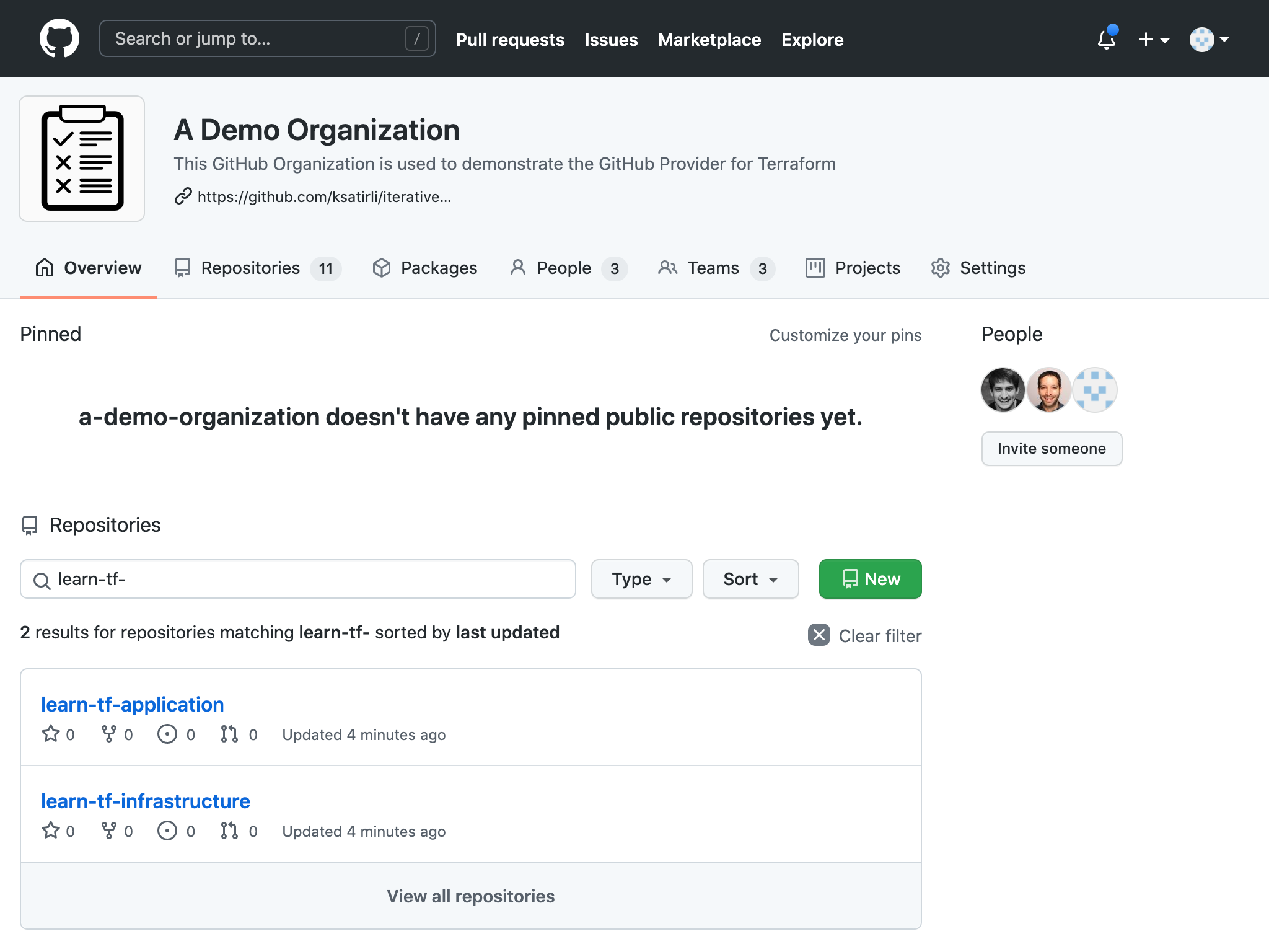 GitHub organization dashboard containing the two newly created repositories for application and infrastructure