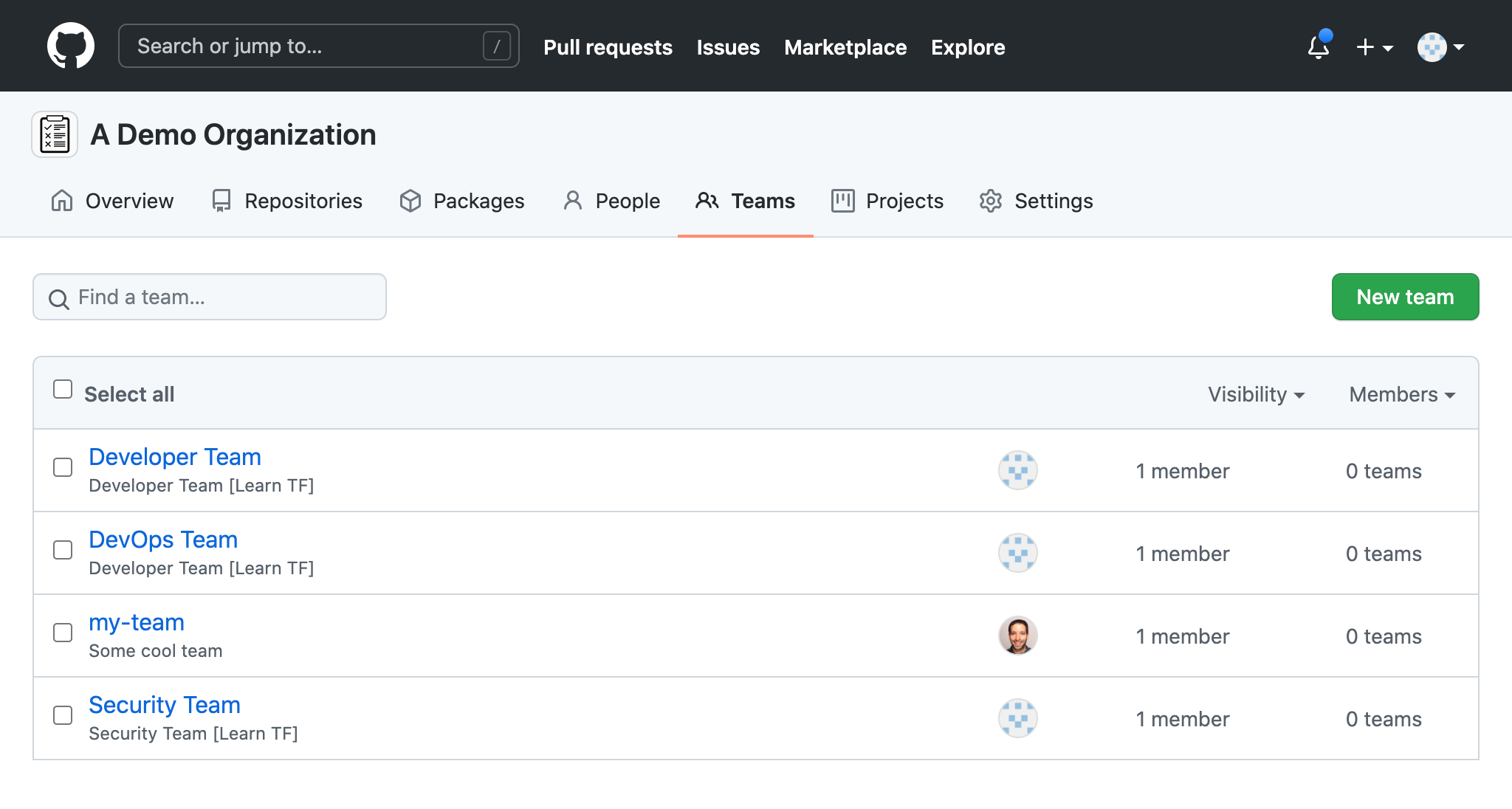 The Github organization teams page now has a developer, security and DevOps team.