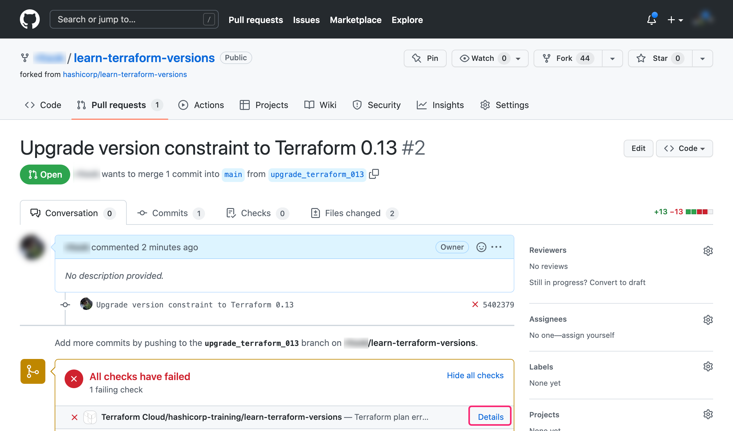 Failed Terraform Cloud speculative run in GitHub pull request