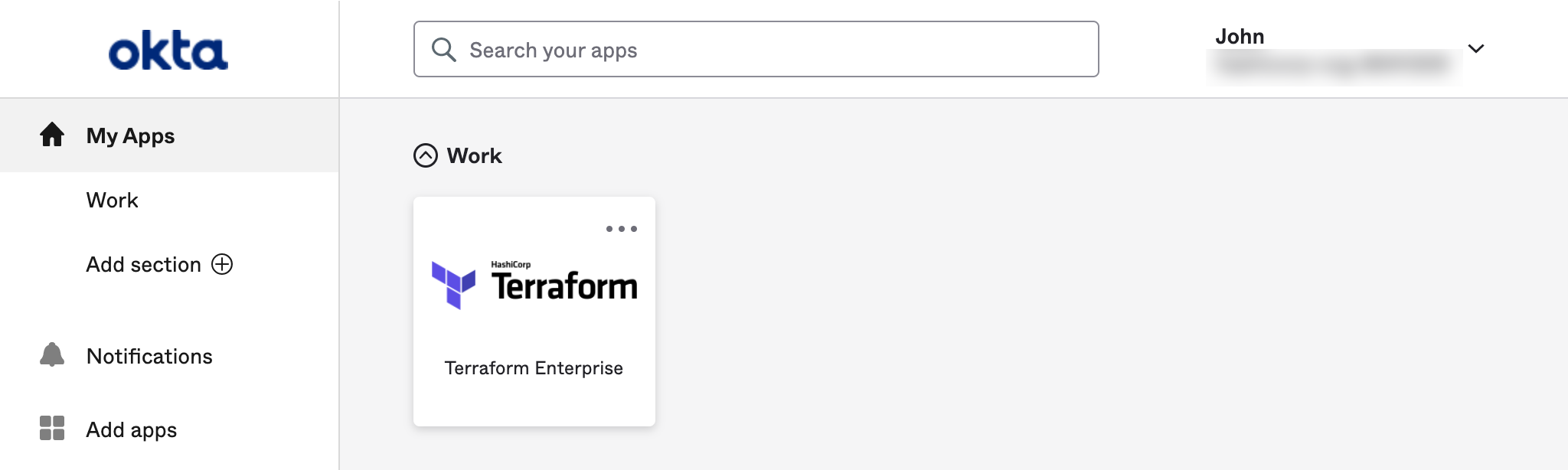 Terraform Enterprise appears in Okta dashboard when signed in as first test user