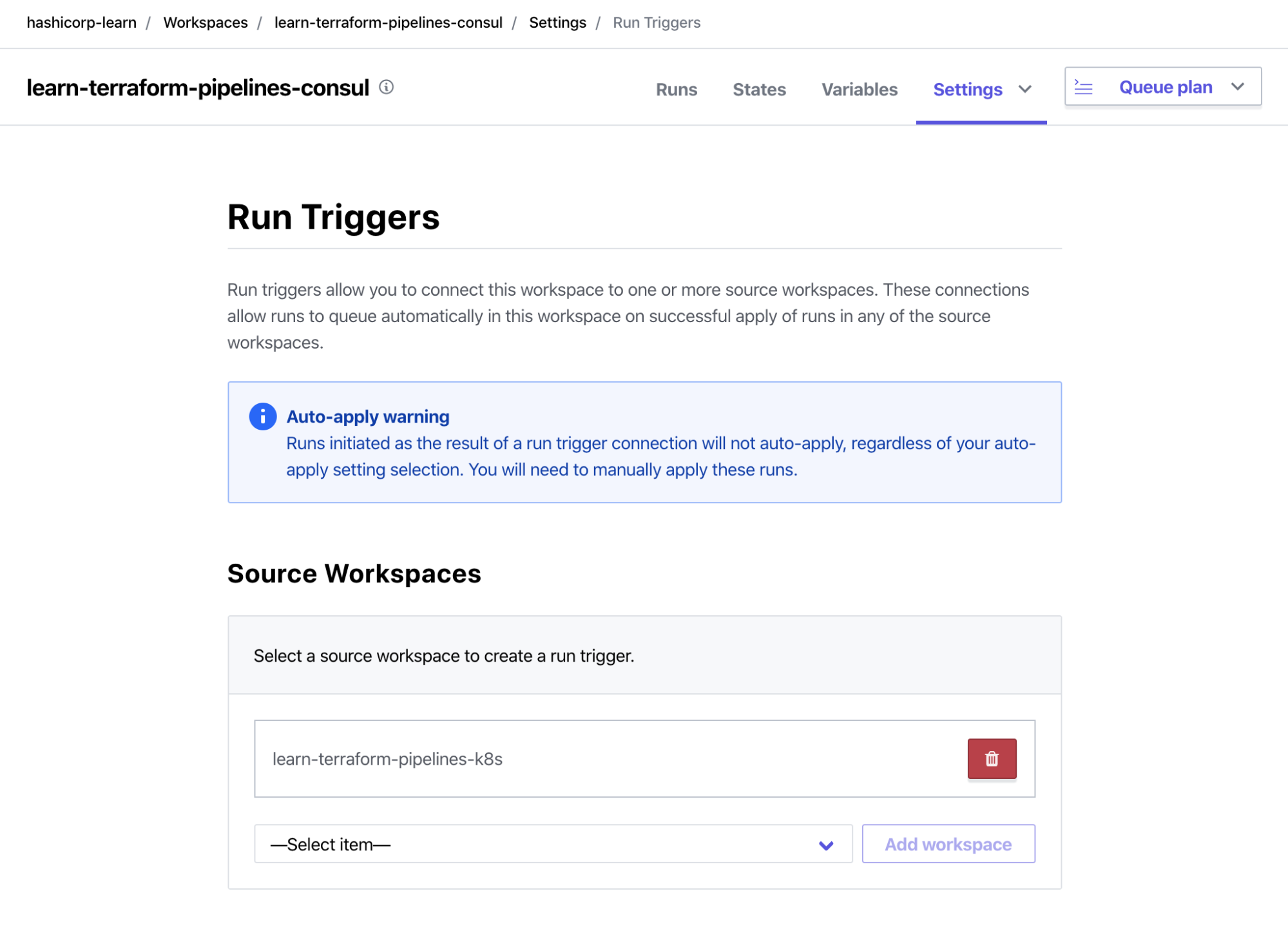 Terraform Cloud Consul Workspace enable run trigger to point to Kubernetes Workspace
