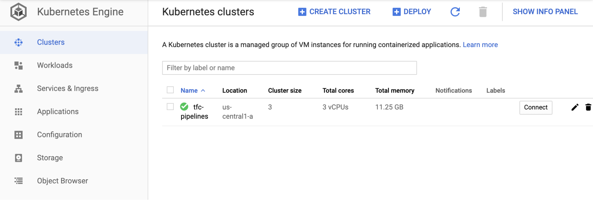 Google Cloud Kubernetes dashboard showing a GKE cluster named `tfc-pipelines` with 3 nodes