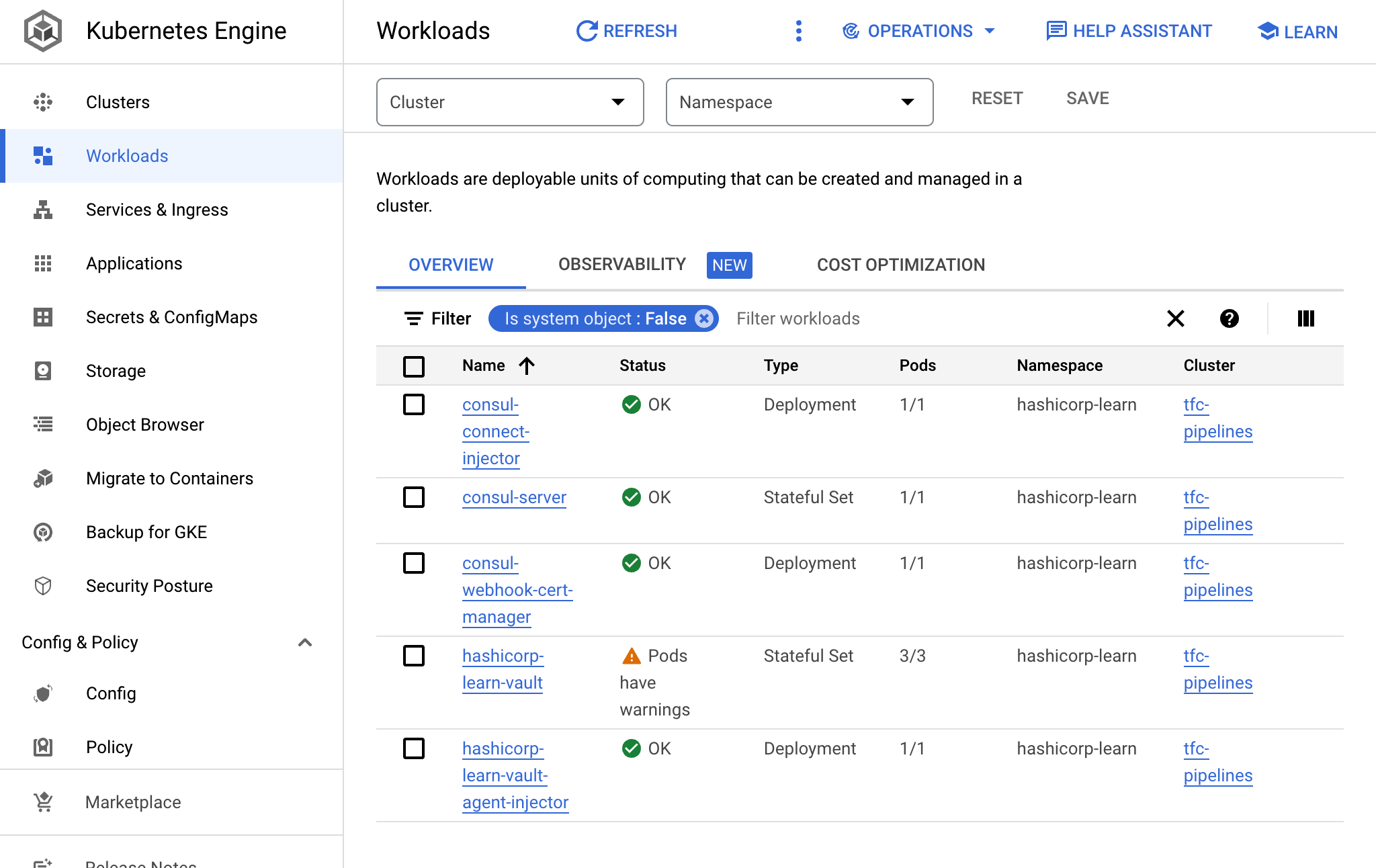 Google Cloud Kubernetes workloads dashboard showing 4 workloads — consul, consul, server, hashicorp-learn-vault, and hashicorp-learn-vault-agent-injector