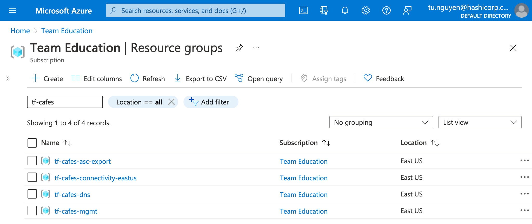 Resource group in subscription filtered by `tf-cafes`. This lists all the resources groups provisioned by Terraform.