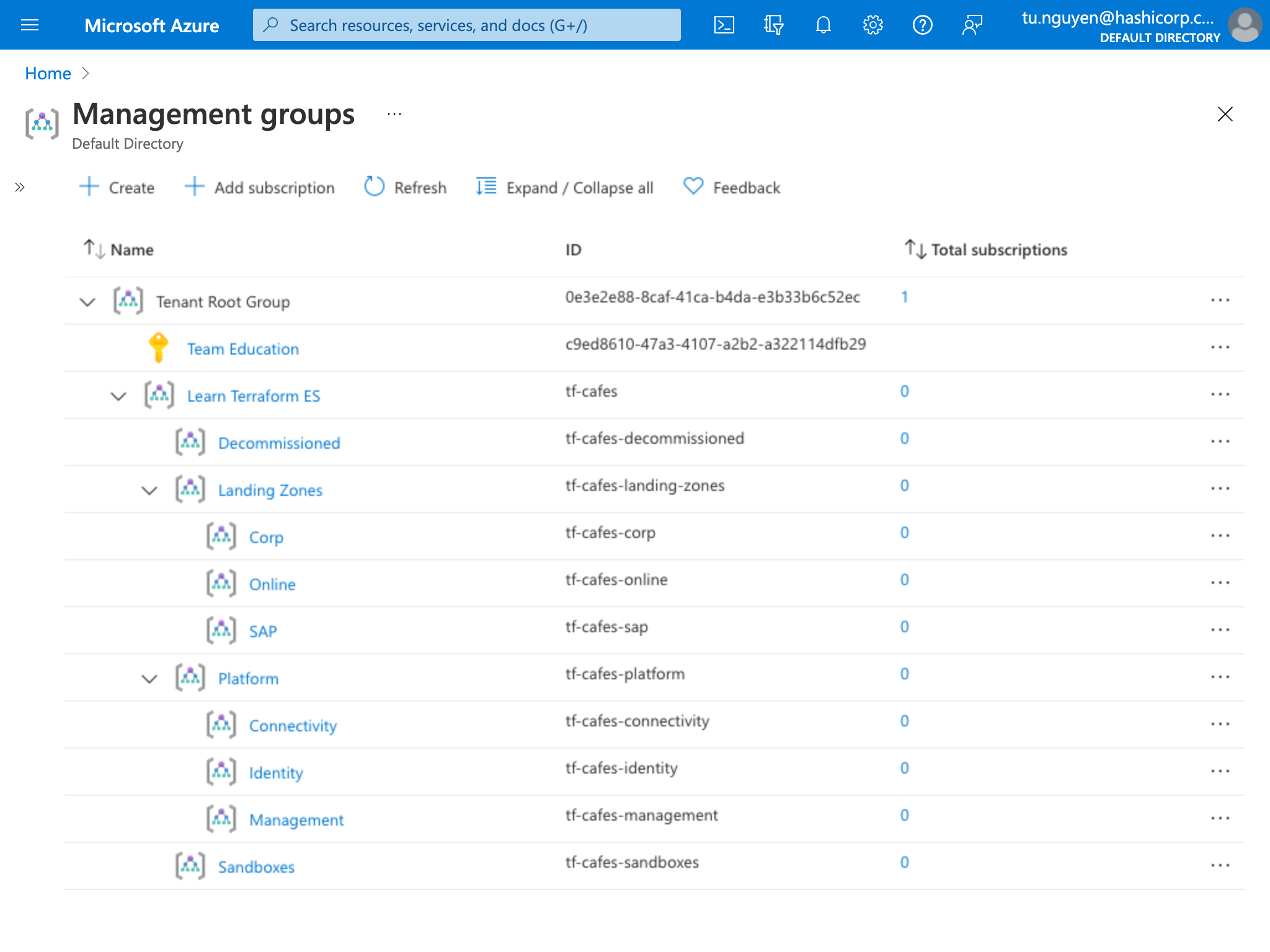 Page that lists all the management groups, including the subscription under Platform > Management