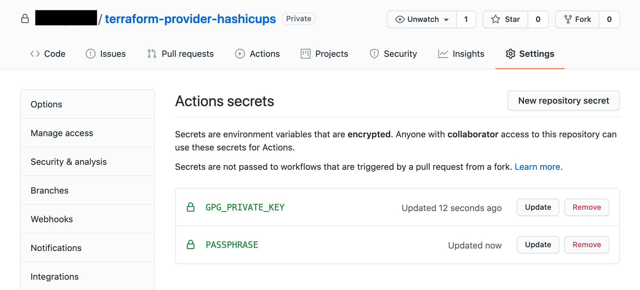 Add secrets to your forked GitHub repository for GoReleaser GH Actions