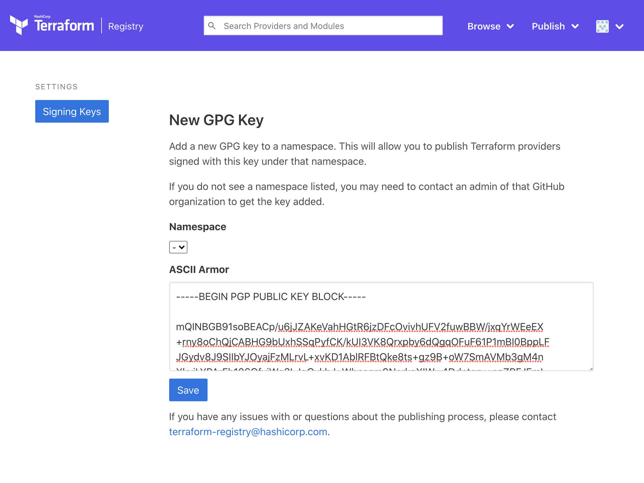 Add public GPG key to Terraform Registry