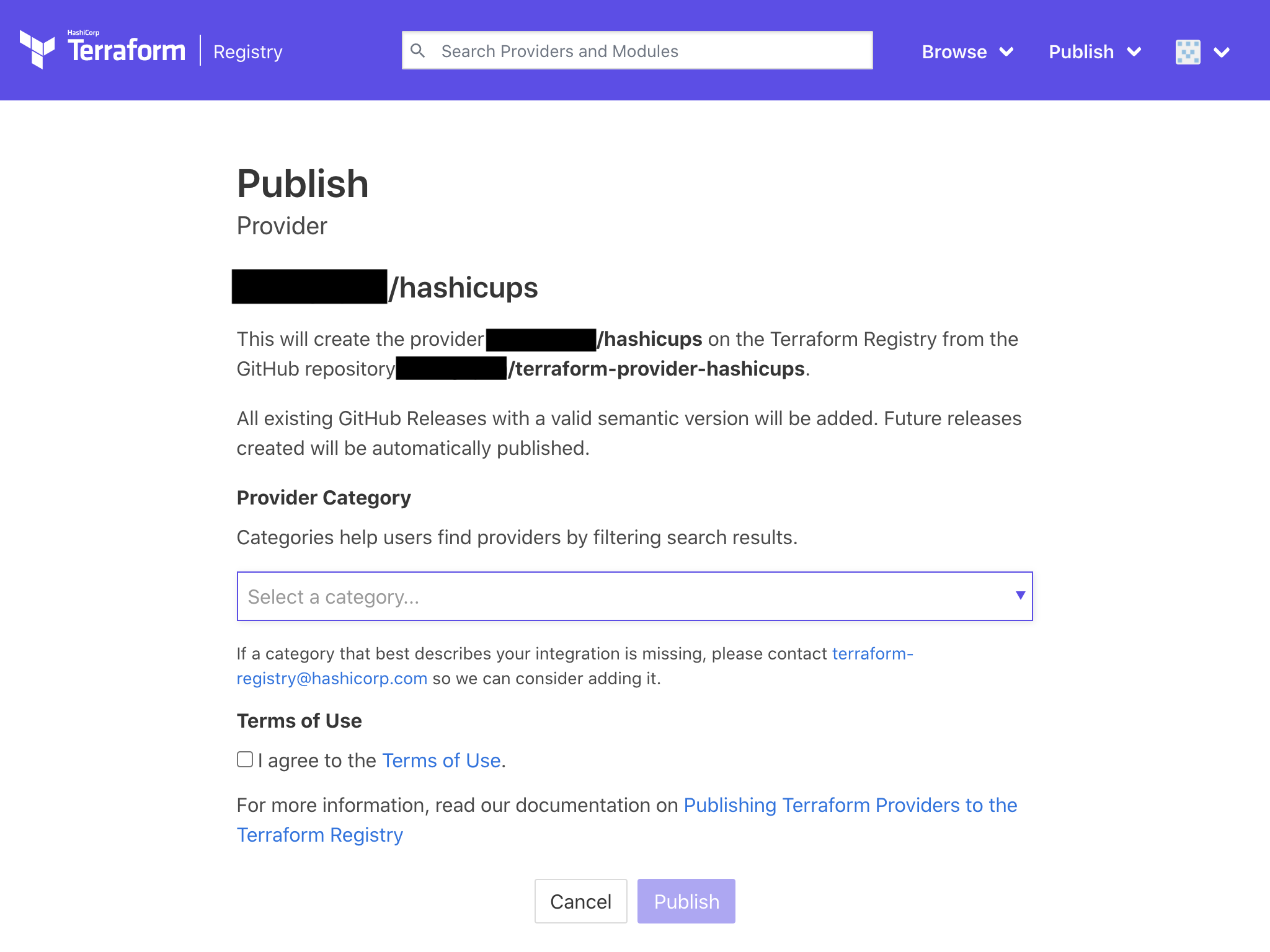 Terraform Registry publish provider confirmation page