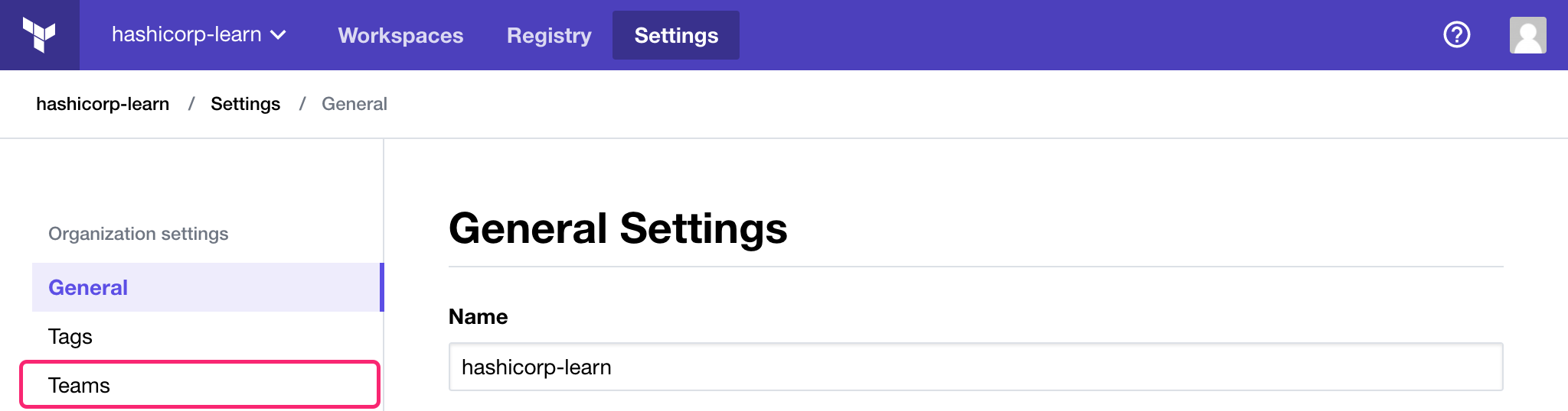 Go to Teams page from Terraform Enterprise Settings page