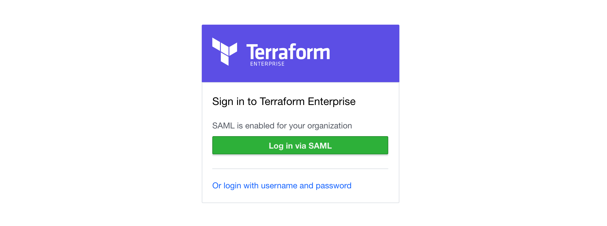 Terraform Enterprise dashboard shows SAML/SSO button to log in