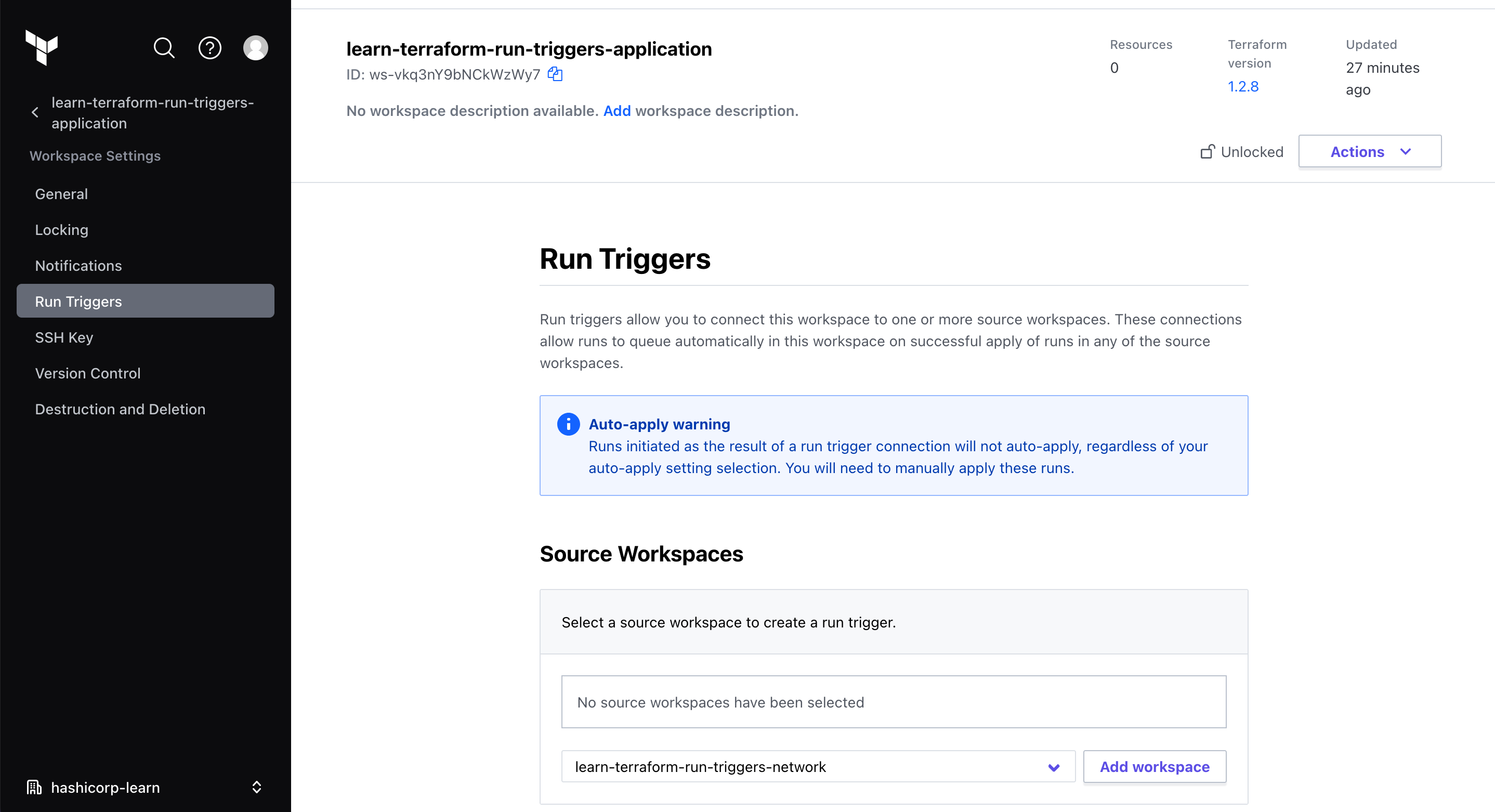 Configure a run trigger on the application workspace when the network workspace is deployed