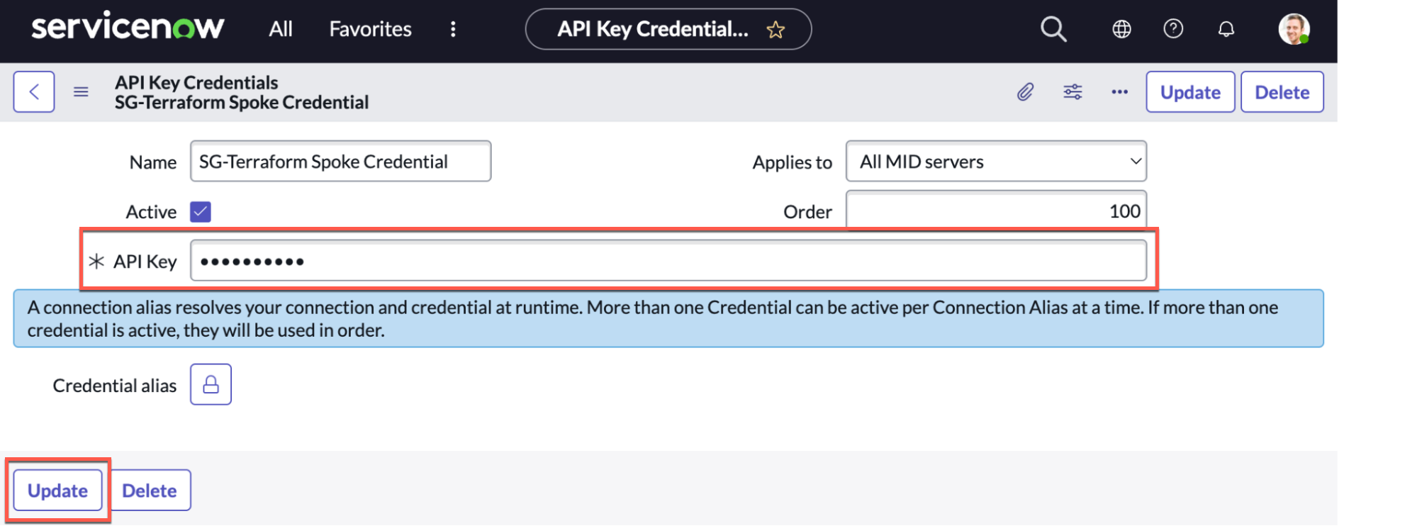 ServiceNow Service Graph Connector API Key Credentials configuration screen. The API key is provided, then saved by clicking the Update button