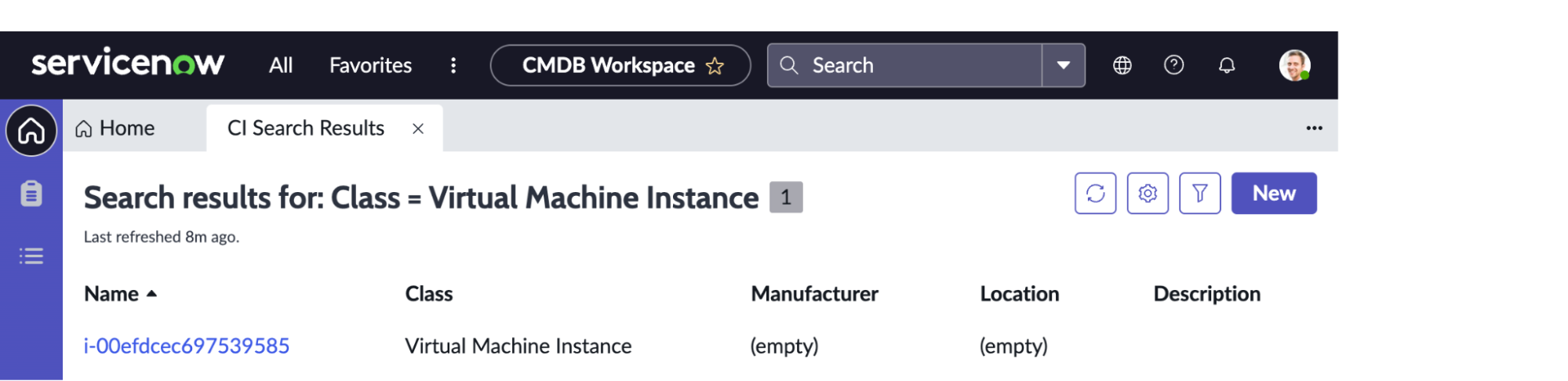 ServiceNow showing the search results for all Virtual Machine instances, showing a single virtual machine with an ID that matches the one created by Terraform