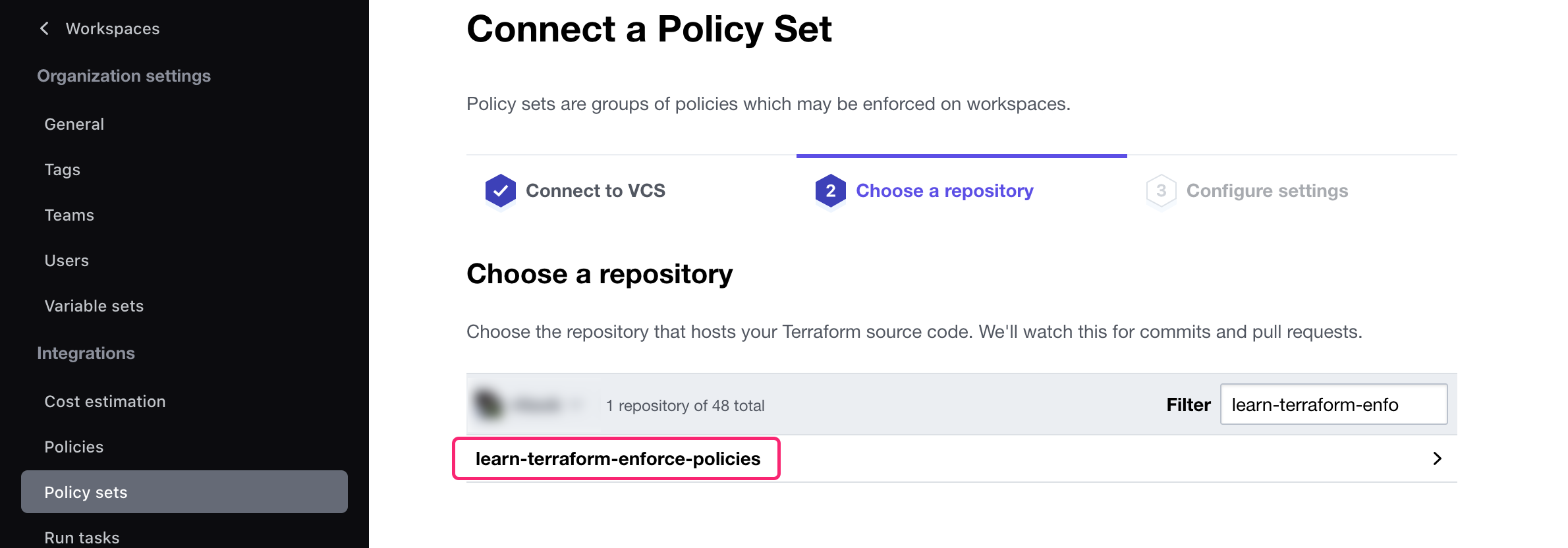 Select source repository for policy set