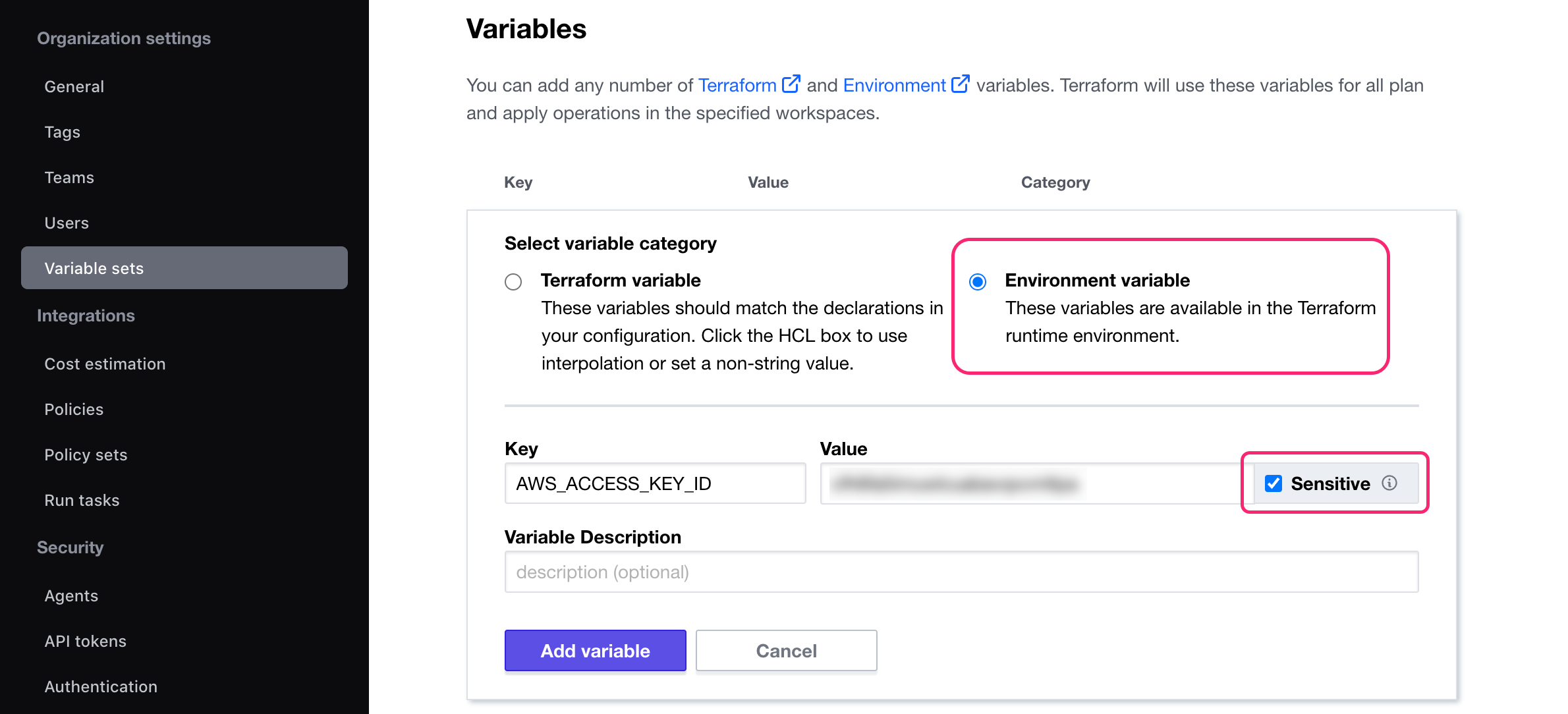 Create an AWS_ACCESS_KEY_ID environment variable in a variable set