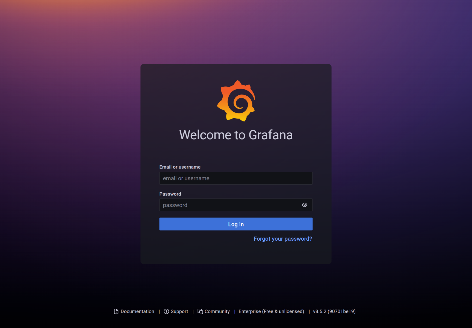 The Grafana login page showing no username or password