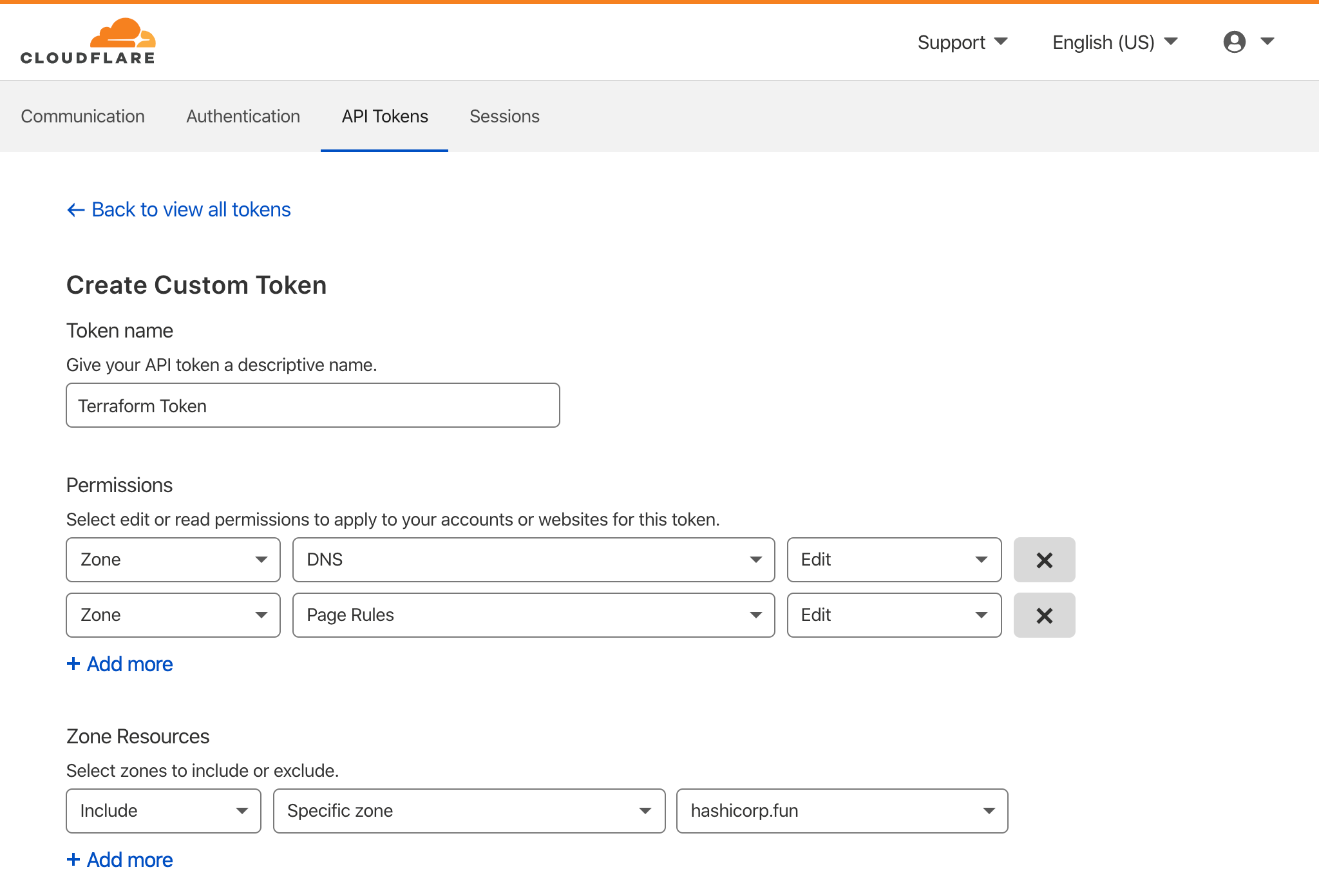 Cloudflare custom API token settings