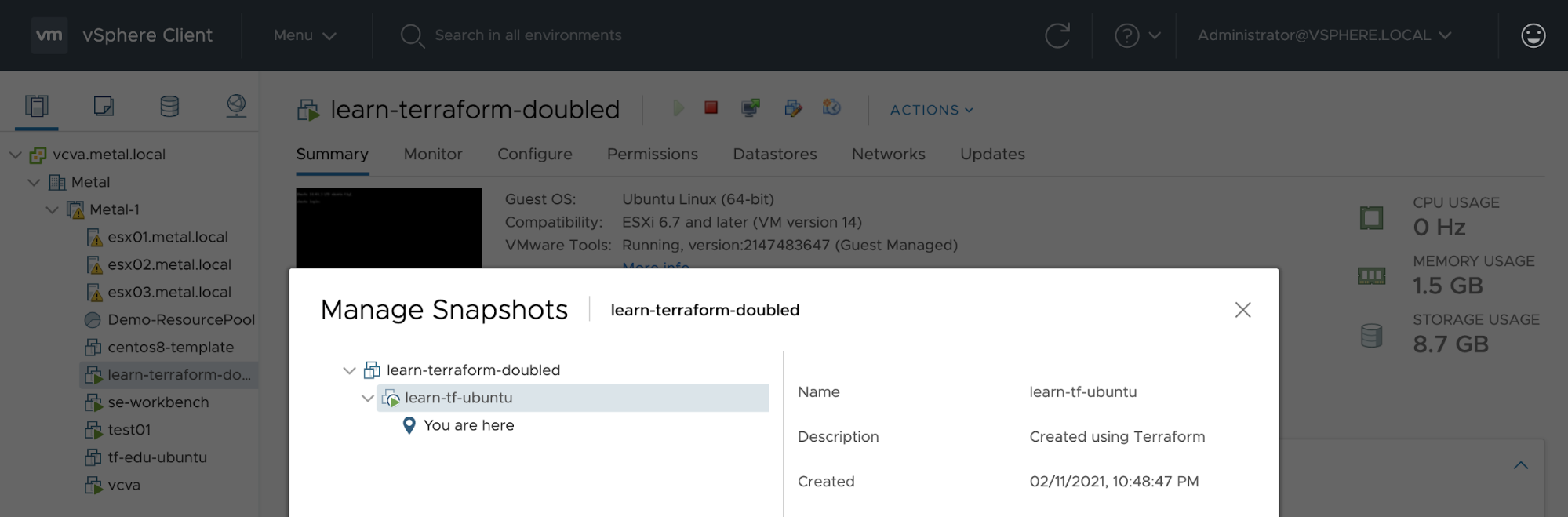 vSphere Client Dashboard showing newly created snapshot