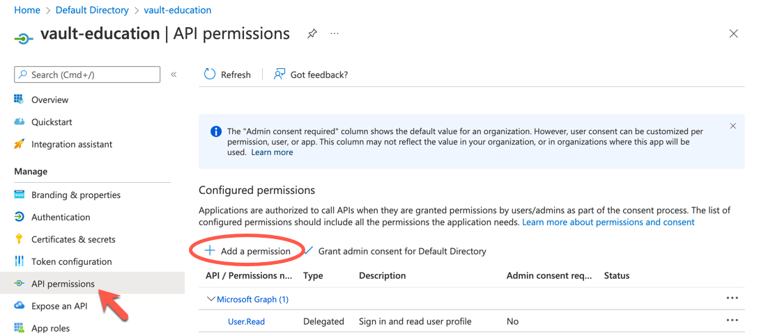 Azure directory application add a
permission