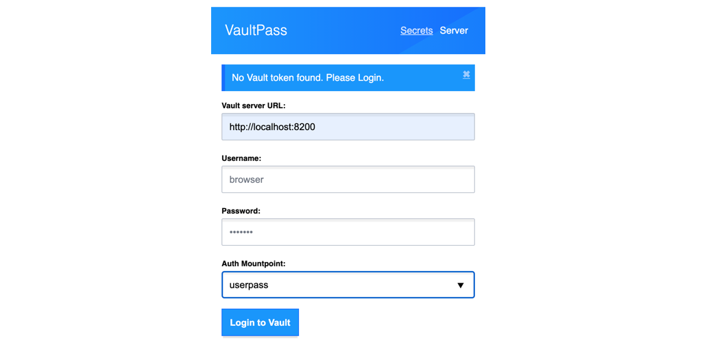 Chrome extension VaultPass server tab filled in