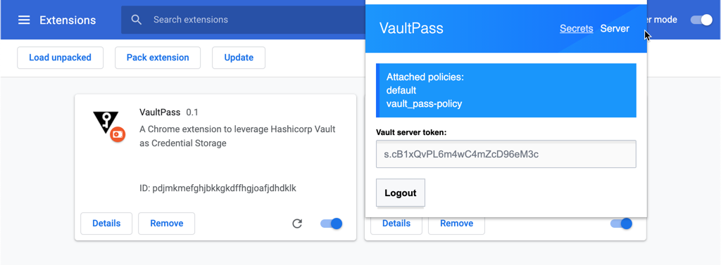 Chrome extension VaultPass logged in with real value