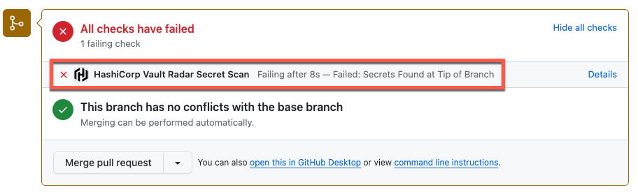 Vault Radar GitHub app failed
status