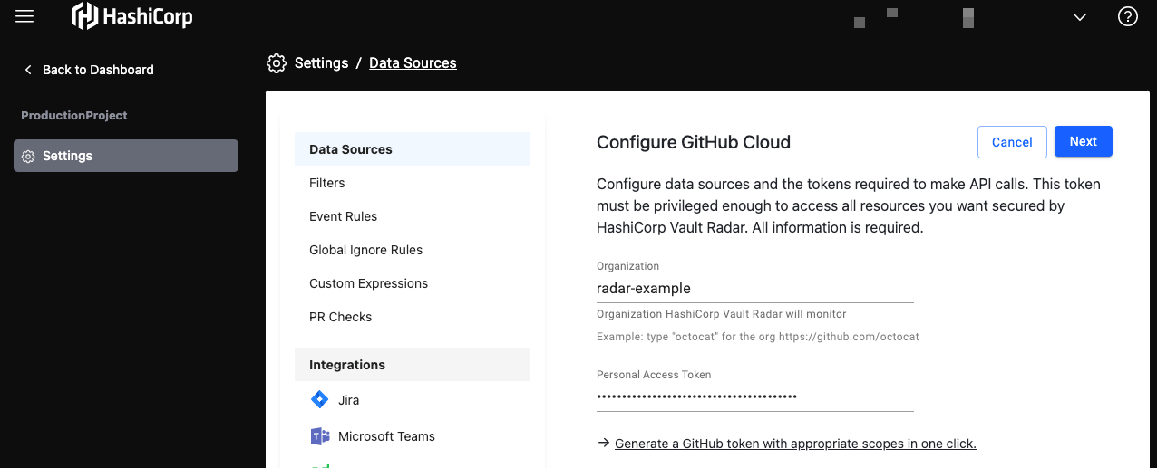 Add the GitHub personal access token to the Vault Radar configuration page
