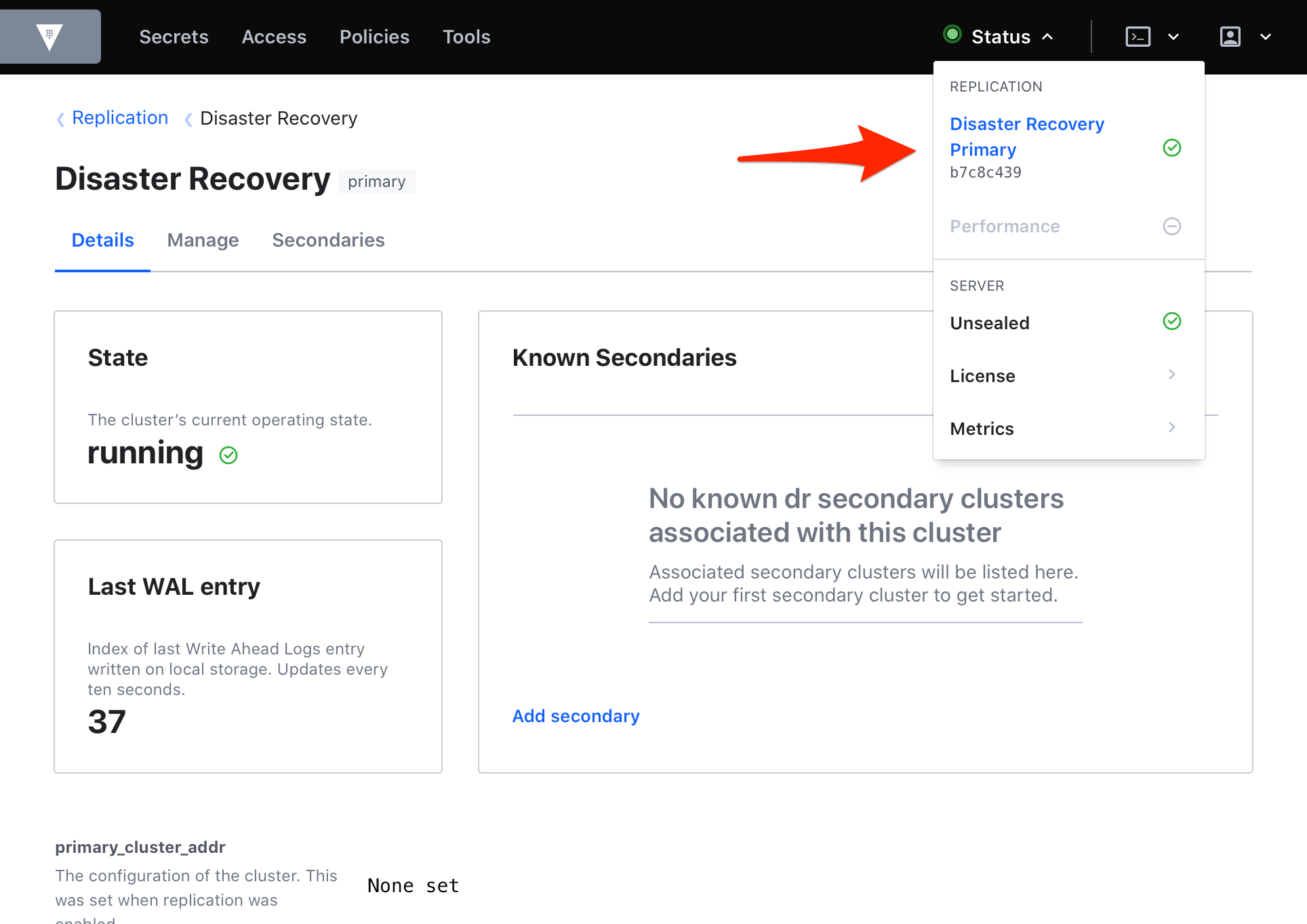 Disaster Recovery primary being selected in the dropdown