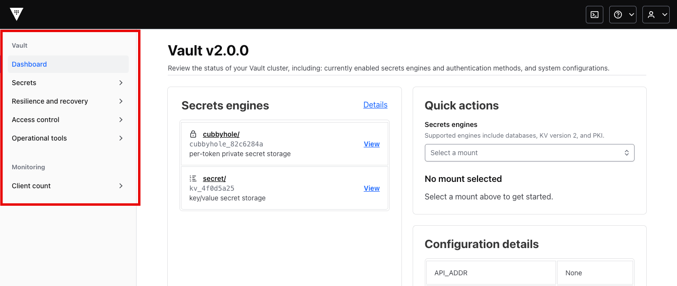 Vault server dashboard highlighting the server
configuration details
card